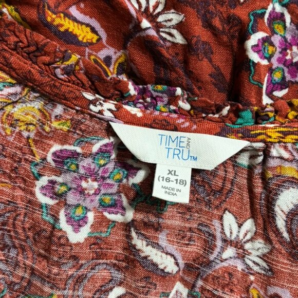 Time & Tru Boho Floral Peplum Top – Rust Red Long Sleeve V-Neck Size XL - Picture 5 of 5